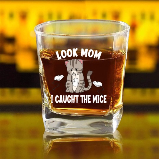 I Caught All The Mice Funny Cat Computer Mouse Square Whiskey Glasses
