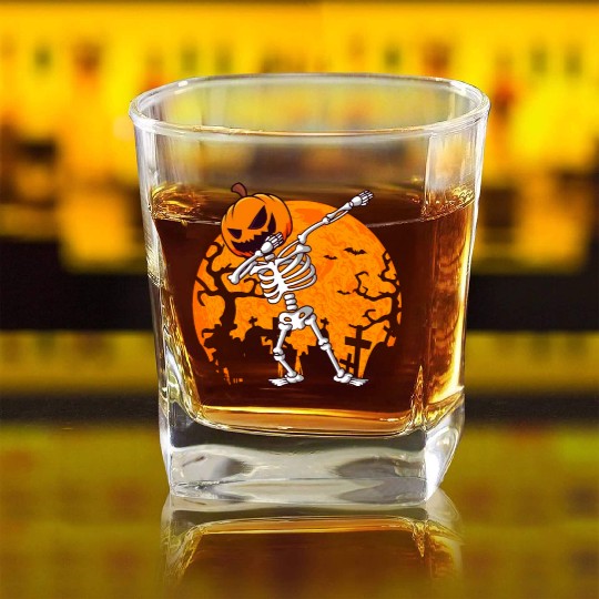 Dabbing Skeleton Jack O Lantern Pumpkin Halloween Square Whiskey Glasses