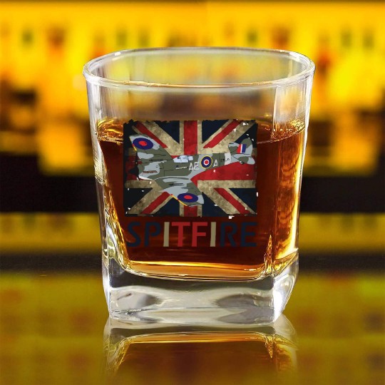 Spitfire WW2 Fighter Aircraft Airplane Union Jack Square Whiskey Glasses