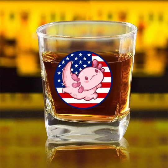 Axolotl American Flag Kawaii Axolotl US Flag Axolo Square Whiskey Glasses