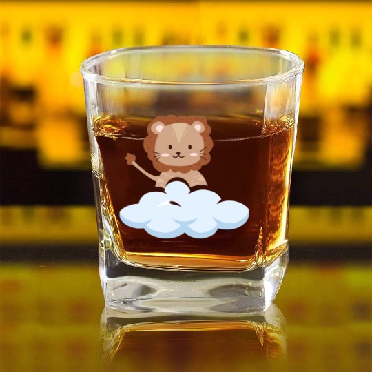 Baby lion flying in the clouds. Square Whiskey Glasses