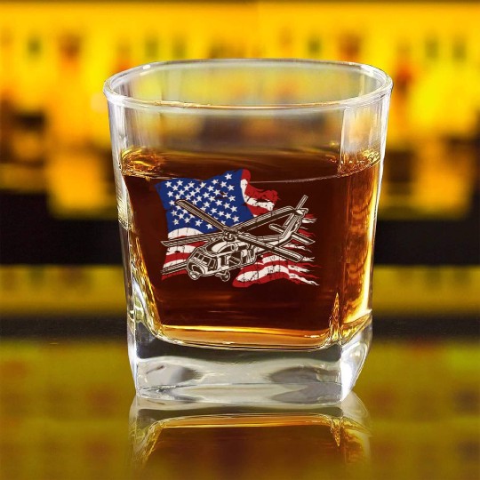 Helicopter with american flag background - chopper Square Whiskey Glasses