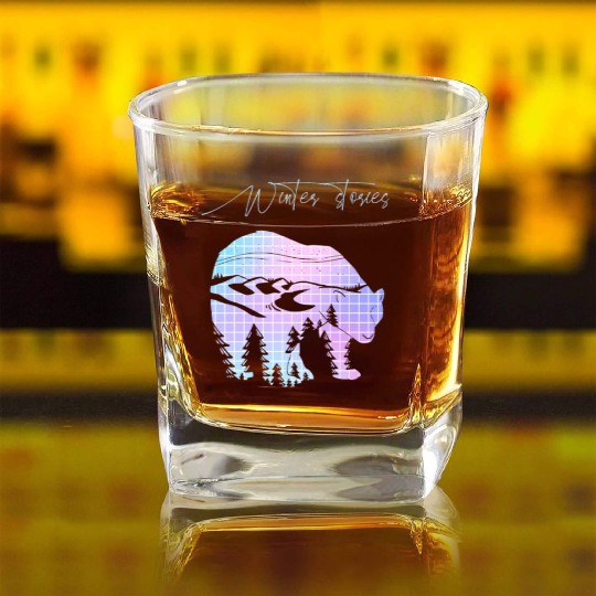 Winter stories Bear Trees Pastel Rainbow Square Whiskey Glasses