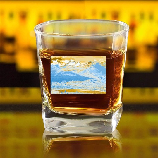 Golden Blue Mountain Lake Square Whiskey Glasses