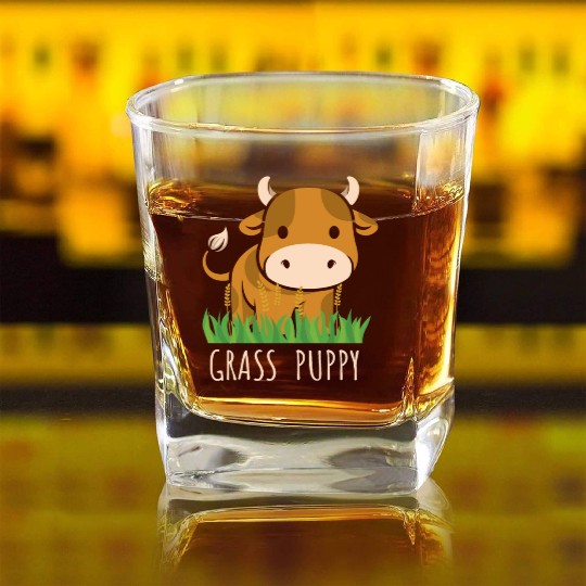 Scottish Highland Cow Grass Puppy Cow Whisperer Square Whiskey Glasses