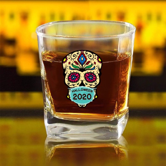 Sugar Skull Wearing Face Mask | Day of the Dead Square Whiskey Glasses