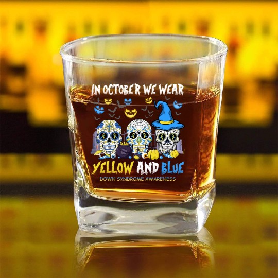 Sugar Skull | In October We Wear Yellow And Blue Square Whiskey Glasses