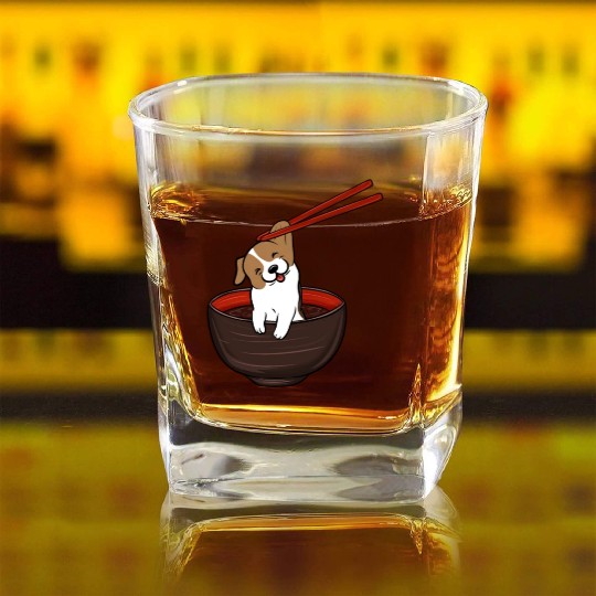 Jack Russell Terrier Dipping Noodles Square Whiskey Glasses