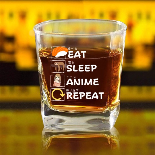 Eat Sleep Anime Repeat Square Whiskey Glasses, Anime Manga