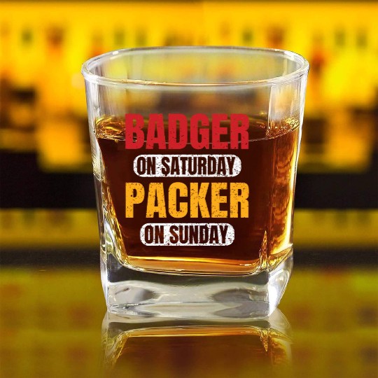 Badge On Saturday Packer On Sunday Green Bay Funn Square Whiskey Glasses