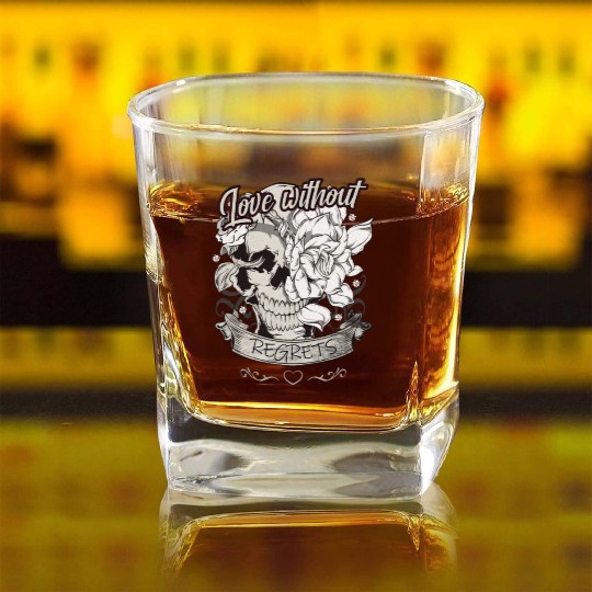 Love With No Regrets Skull With Roses Gift Square Whiskey Glasses