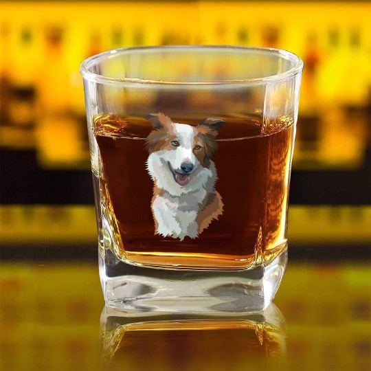 Cute Brown Border Collie Dog Watercolor Painting Square Whiskey Glasses