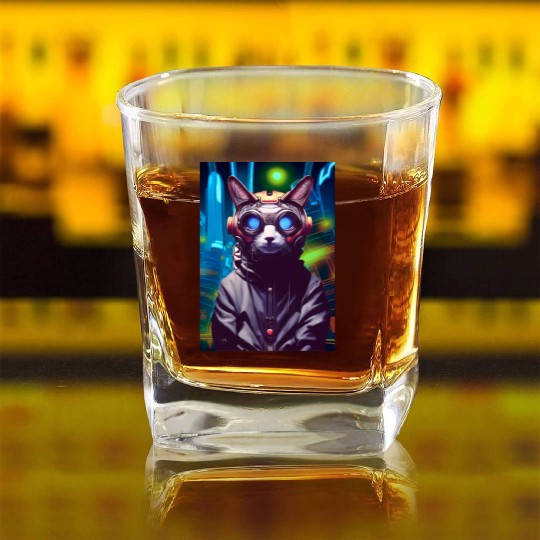 Techno Cat In Japan Neon City Square Whiskey Glasses