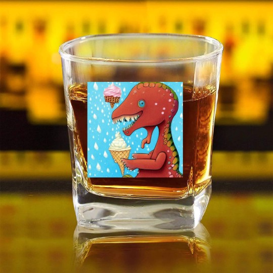 happy dinosaur love ice cream Square Whiskey Glasses