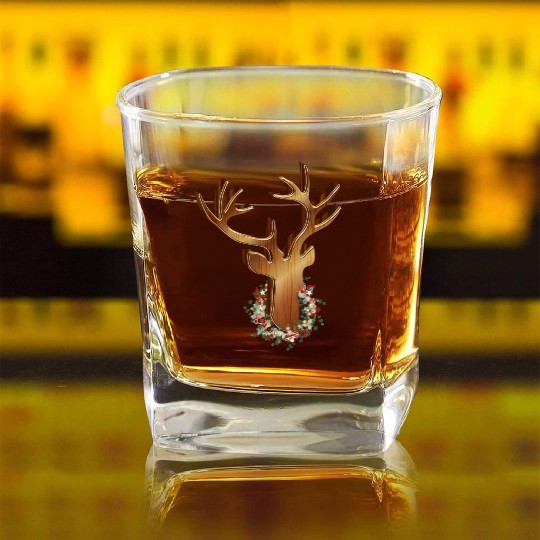 Deer head in wood look with Christmas wreath Square Whiskey Glasses