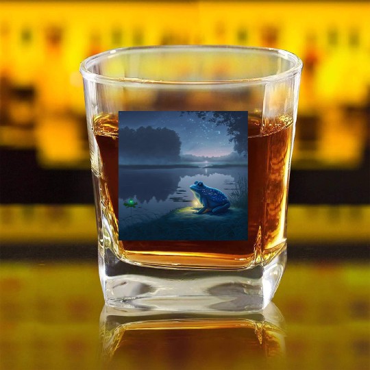 Blue Frog and Firefly on a pond at Night Square Whiskey Glasses