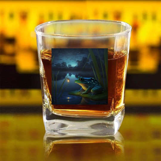 Frog and Firefly Friends on the Pond at Night Square Whiskey Glasses