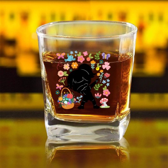 Silhouette Dabbing Girl Hippie Bouquet Spring Square Whiskey Glasses