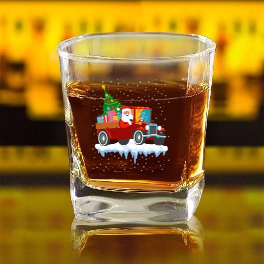 Red jeep pine tree Funny Merry Christmas family Square Whiskey Glasses