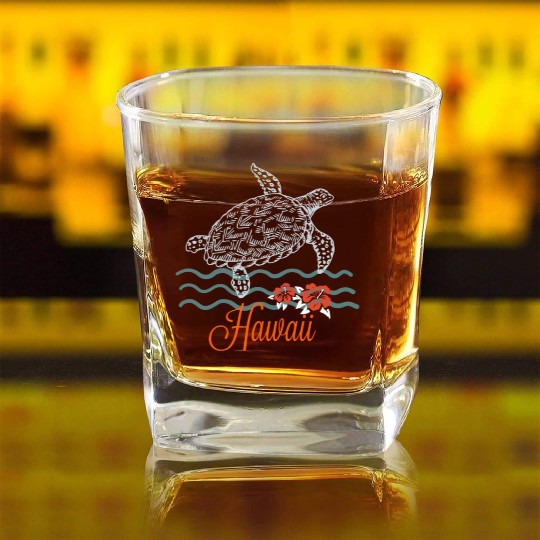 Hawaii Sea Turtle Hibiscus Flowers Souvenir Square Whiskey Glasses