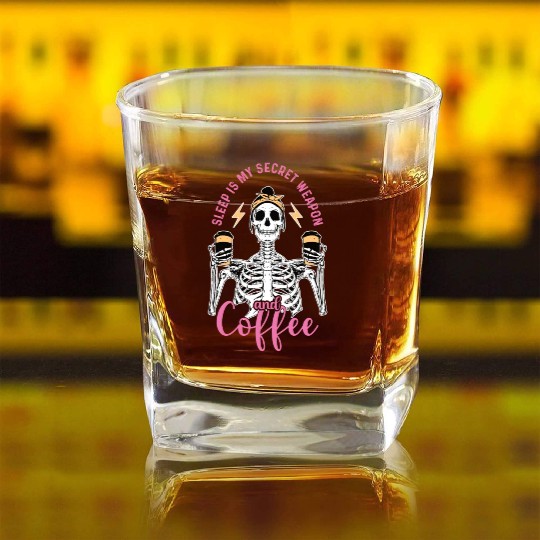 Skeleton Drink Tired Mom needs Coffee Square Whiskey Glasses