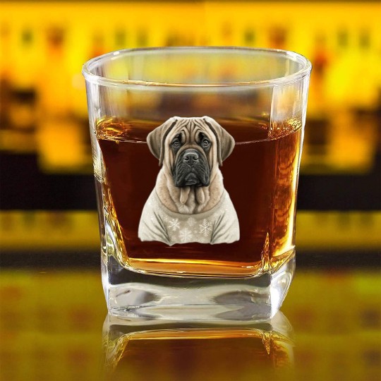 Festive English Mastiff in a Christmas Sweater Square Whiskey Glasses