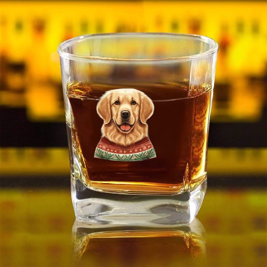 Festive Golden Retriever in a Christmas Sweater Square Whiskey Glasses