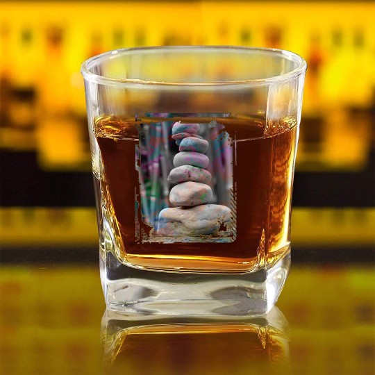 Japan Zen Buddhism Balancing Stones Rocks Bamboo Square Whiskey Glasses