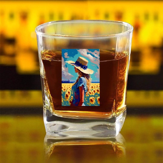 Sunflower girl summer Square Whiskey Glasses