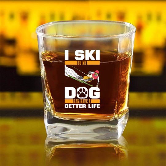 Skiing Skier Dog Square Whiskey Glasses