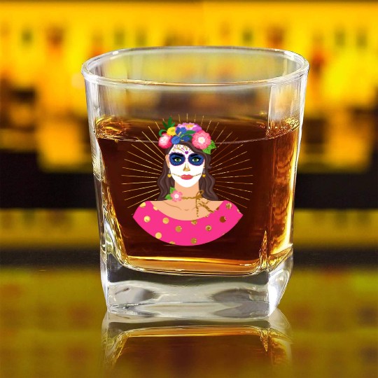 Dia De Los Muertos Square Whiskey Glasses, Little Girl Sugar Skull