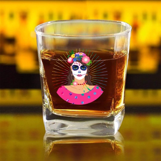 Dia De Los Muertos Square Whiskey Glasses, Little Girl Sugar Skull