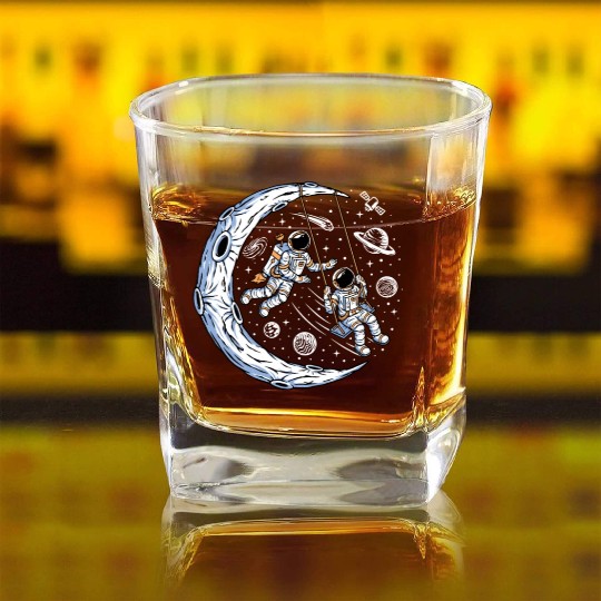 Astronauts on swing on moon Square Whiskey Glasses