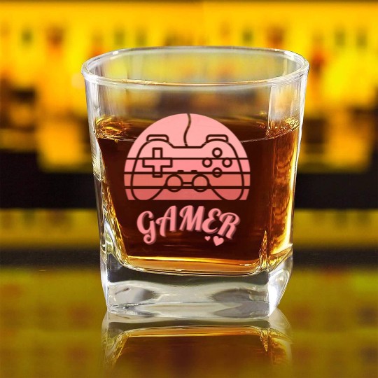 Pink Retro Gamer Valentine Day Square Whiskey Glasses