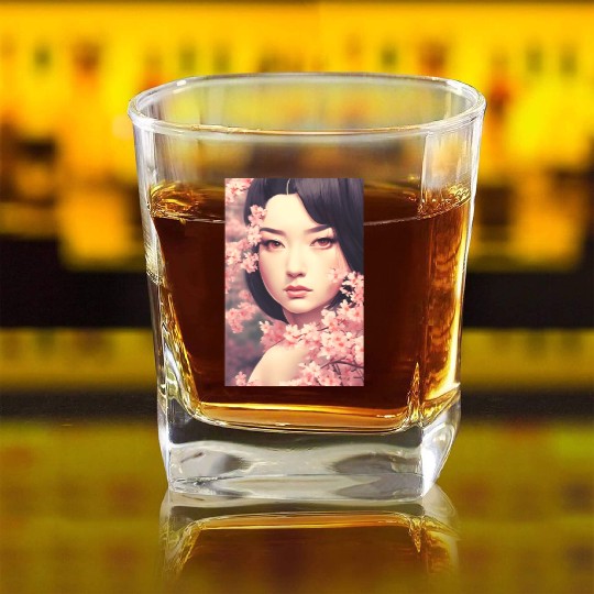 japan girl portrait sakura blossom Japan wall art Square Whiskey Glasses