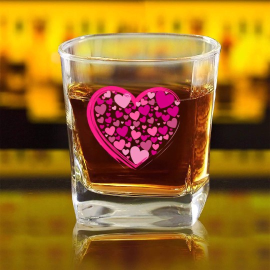 Cute Pink and Lilac Hearts in a Big Pink Heart Square Whiskey Glasses
