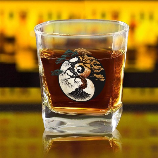 Yin and Yang Bonsai Tree Square Whiskey Glasses