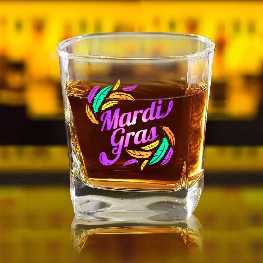 Purple Lettering For Mardi Gras Square Whiskey Glasses