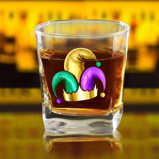 Purple, Yellow Golden And Green Jester Hat For Square Whiskey Glasses
