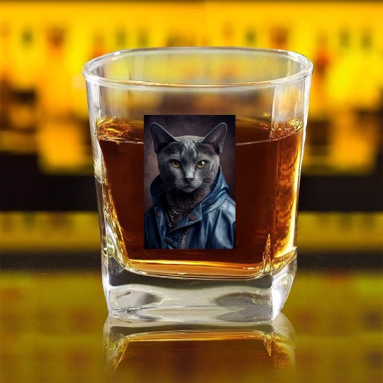 Russian Blue Cat Breed Portrait wears a leather j Square Whiskey Glasses