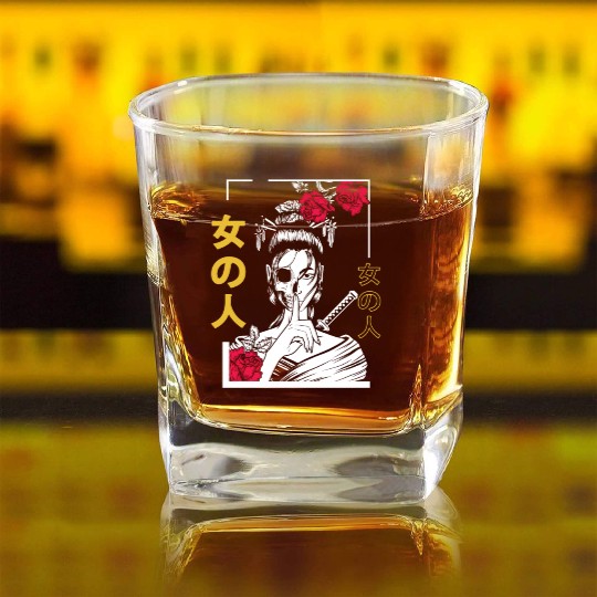 Japanese Samurai Floral Warrior Geisha Woman Square Whiskey Glasses