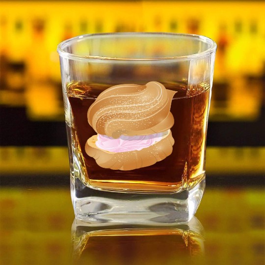 cream puff filled with pink cream illustration Square Whiskey Glasses