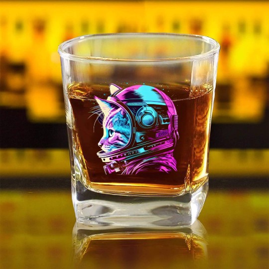 Aesthetic Vaporwave Space Cat 80s 90s Astronaut Square Whiskey Glasses