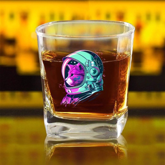 Aesthetic Vaporwave Space Cat 80s 90s Astronaut Square Whiskey Glasses