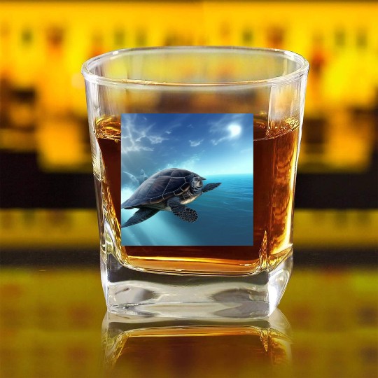 Turtle swimming in the blue ocean print Square Whiskey Glasses