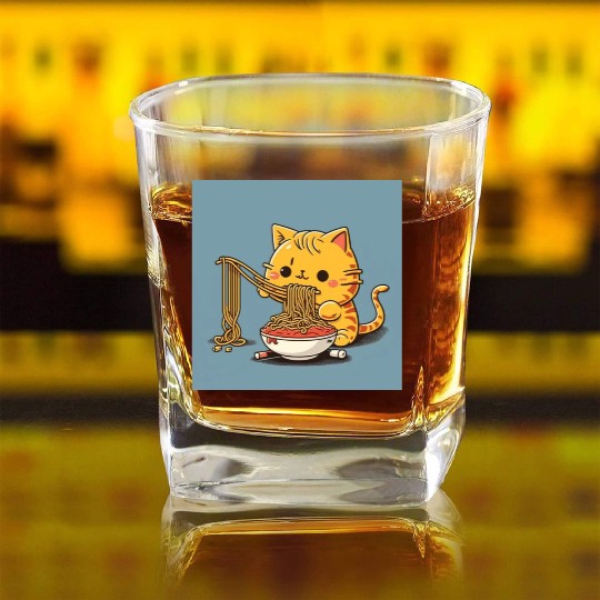 Japanese cat eating spaghetti Square Whiskey Glasses