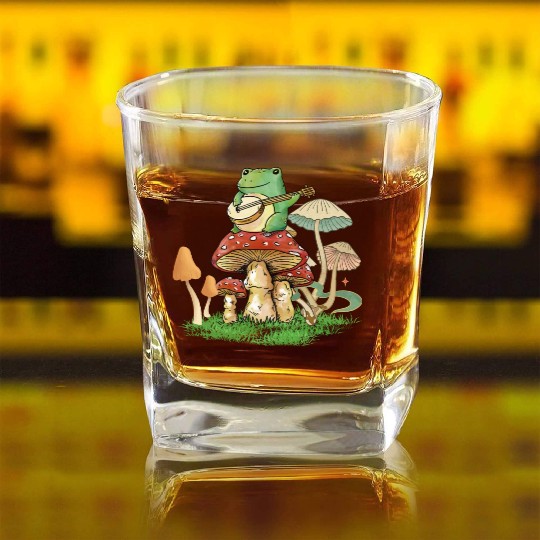Frog Playing Instrument On Mushroom Square Whiskey Glasses