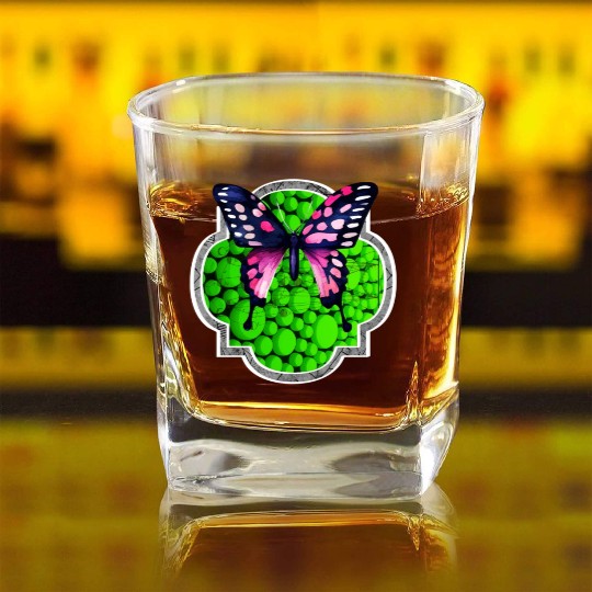 Purple Butterfly, Green Dots, Astrology Square Whiskey Glasses
