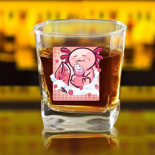 Kawaii Axolotl Strawberry Milk Shake Funny Sushi Square Whiskey Glasses