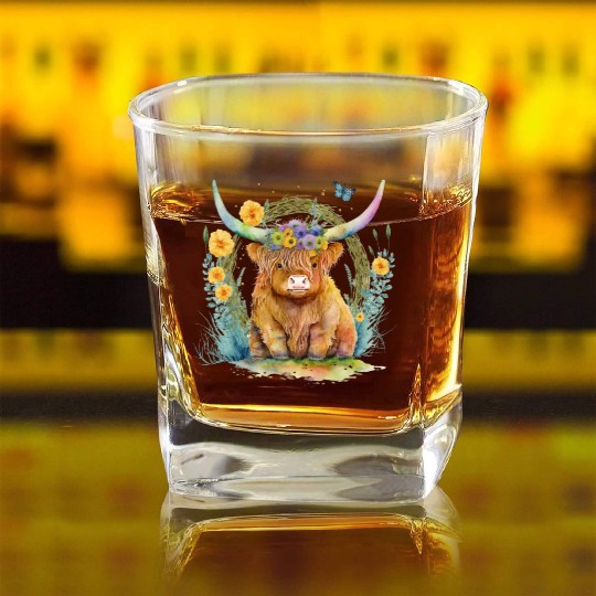 Highland Cow With Colorful Flowers Square Whiskey Glasses
